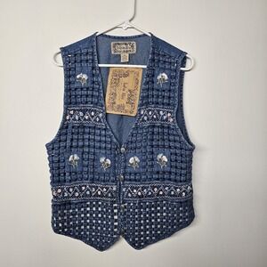 NWT Vtg Tantrum Blues M/L Floral Embroidered Woven Denim Vest Cottagecore